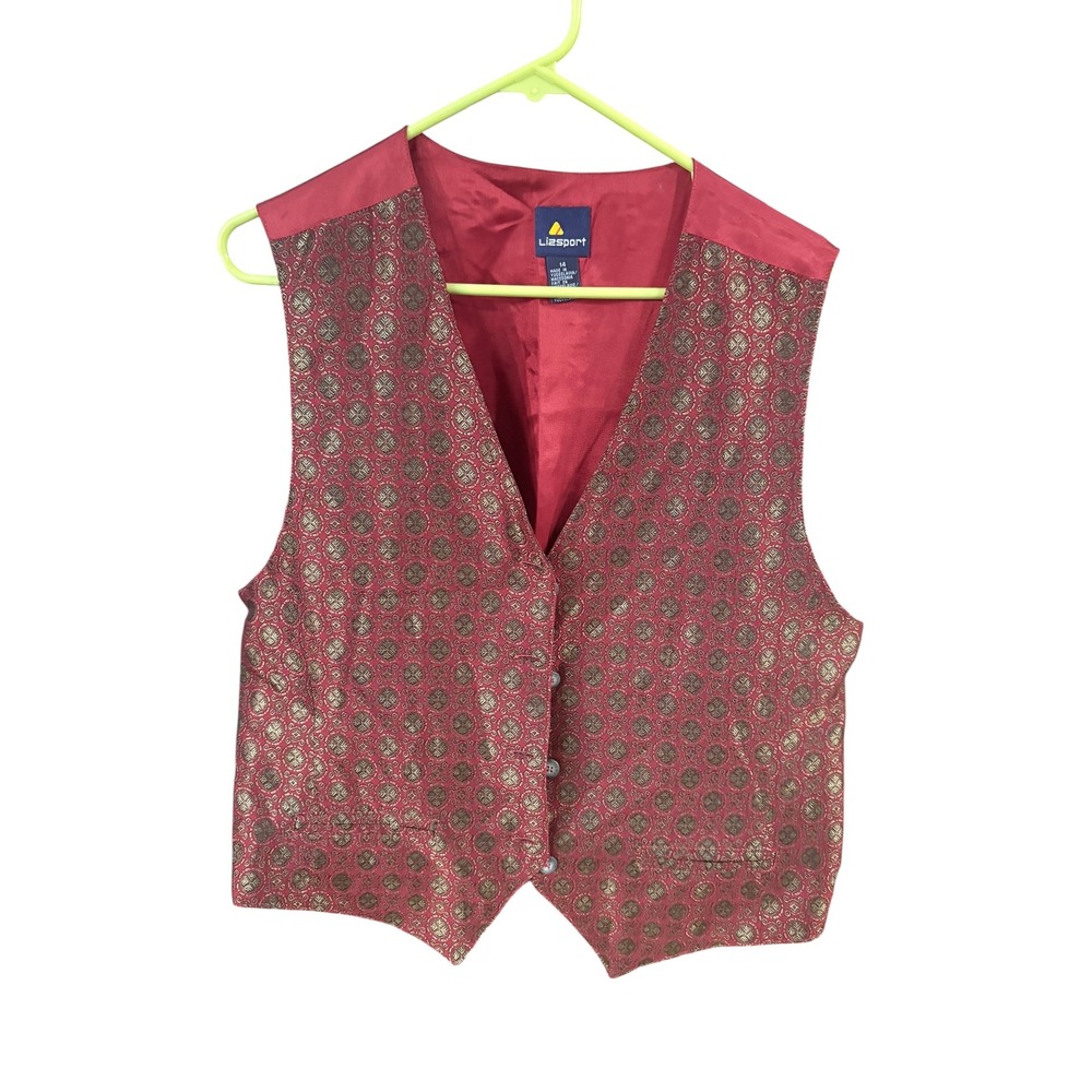 Lizsport Vintage Red Gold Brocade Medallion Button Up Vest Waistcoat Womens 14